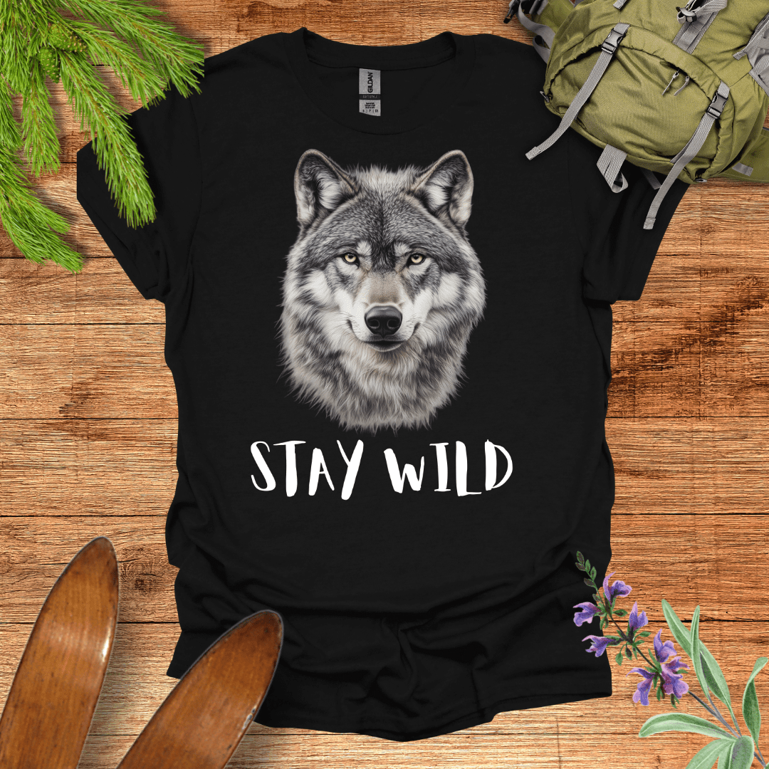 Stay Wild Majestic Wolf T-Shirt Black / S